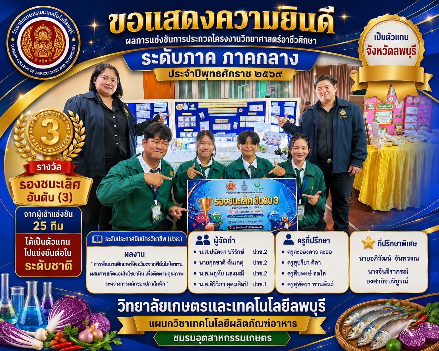 ขอแสดงความยินดีกับผู้เข้าร่วมการประกวดโครงงานวิทยาศาสตร์อาชีวศึกษา ระดับภาค ภาคกลาง ประจำปีพุทธศักราช ๒๕๖๙